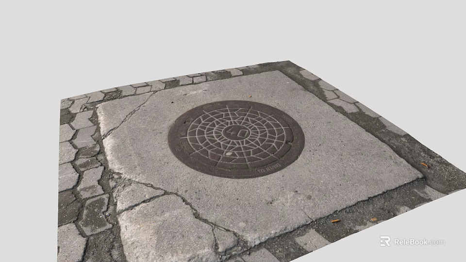 Urban Street Scene With Circular Manhole Cover On Cracked Stone Pavement 3d model 
