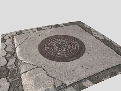 Urban Street Scene With Circular Manhole Cover On Cracked Stone Pavement 3d model