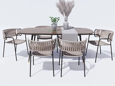Round Wooden Outdoor Table With Rattan Chairs Black Metal Legs And Decorations 3d model
