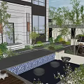 Modern Garden Landscape With Architecture Purple Flowers Water Fountain And Outdoor Seating