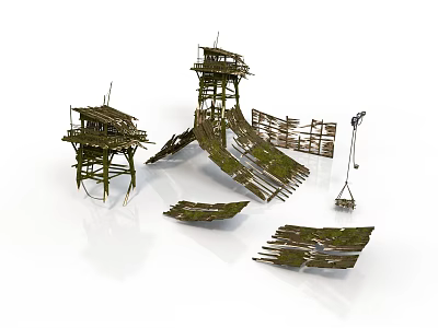 Wooden Scenery Components With Moss Covered Tower Platforms And Broken Planks 3d model