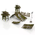 Wooden Scenery Components With Moss Covered Tower Platforms And Broken Planks 3d model