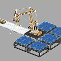 Industrial Equipment Robotic Arm With Conveyor Belt Handling Packages On Blue Pallets