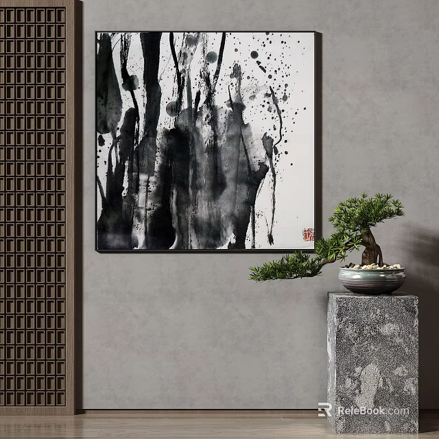 Traditional Chinese Ink Painting With Bonsai Tree On Stone Pedestal And Lattice Screen 3d model 
