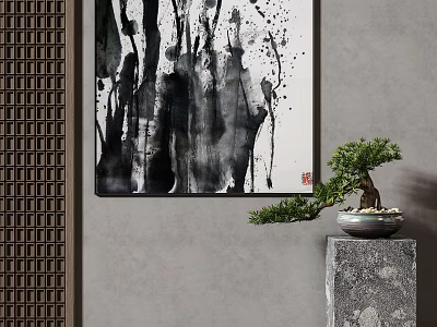 Traditional Chinese Ink Painting With Bonsai Tree On Stone Pedestal And Lattice Screen 3d model