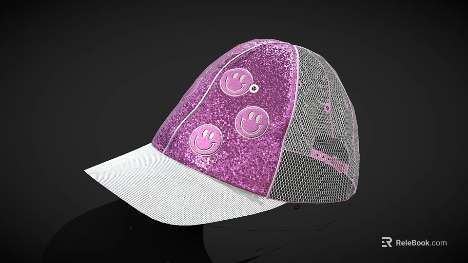 Pink Glitter Hat With Smiley Face Designs Mesh And White Brim 3d model 
