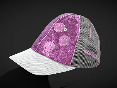 Pink Glitter Hat With Smiley Face Designs Mesh And White Brim 3d model