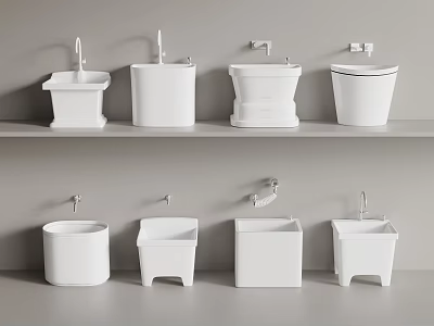 Different Designs of White Bathroom Basins on Gray Wall Shelves With Faucets 3d model