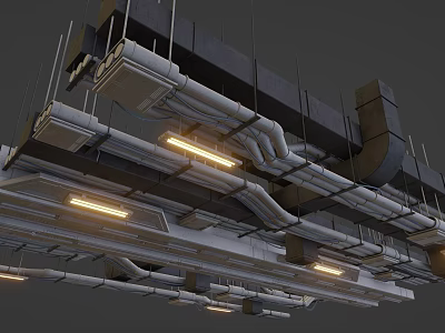 Industrial Style Ceiling Design with Exposed Pipes Metal Structures and Recessed Lights 3d model