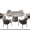 Modern Round Dining Table Set With Marble Top And Six White Brown Chairs 3d model