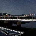 Scenic Landscape Bridge Over Water With Sail Canopy Greenery Reflection And Modern Buildings