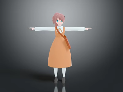 Cartoon Girl With Pink Hair Blue Eyes In Orange Dress And White Shirt Arms Stretched 3d model