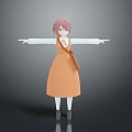 Cartoon Girl With Pink Hair Blue Eyes In Orange Dress And White Shirt Arms Stretched