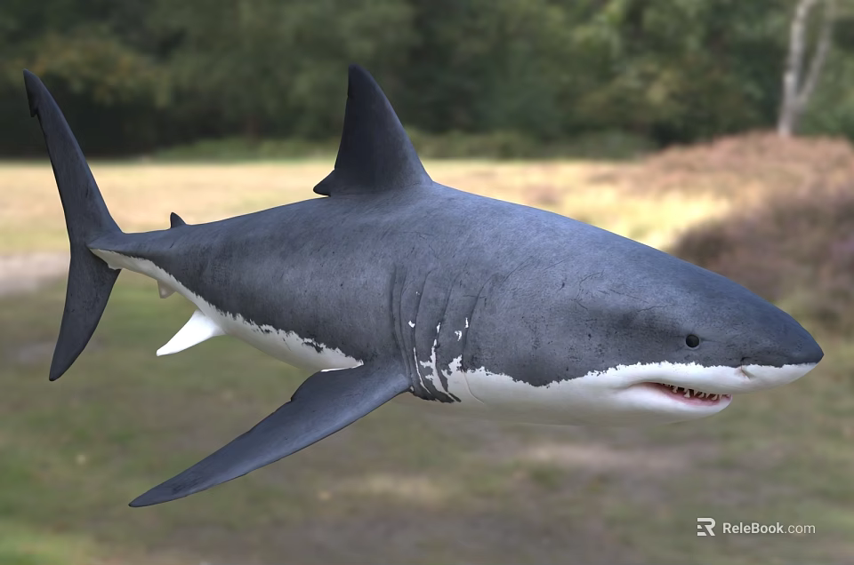 Large Gray Shark Swimming In Ocean Waters With Pointed Fins And Sharp Teeth 3d model 