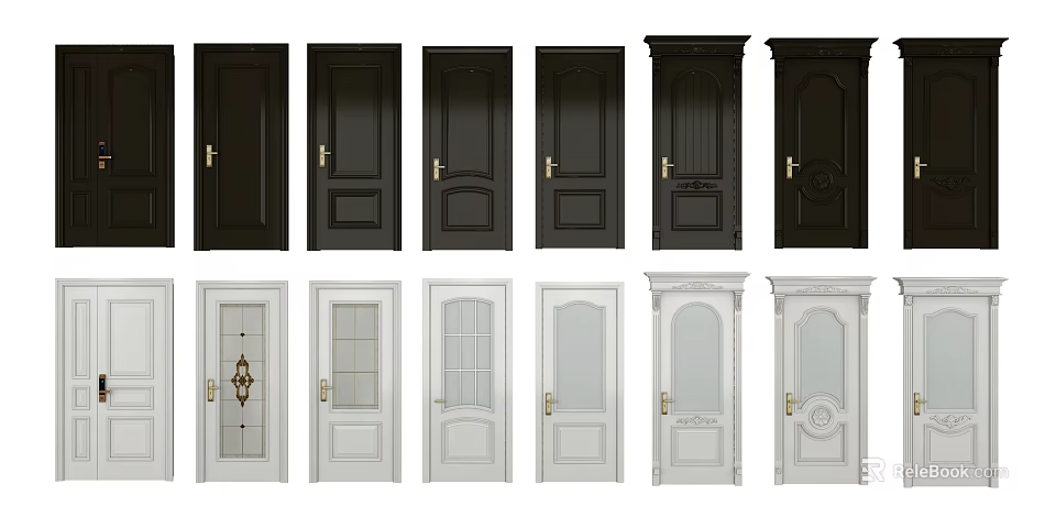 Hinged Doors Black White Classic Modern Designs With Decorative Details 3d model
