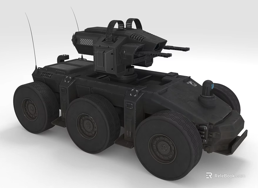 Black Military Unmanned Vehicle With Multi Wheeled Design And Weapon System Antennas 3d model 