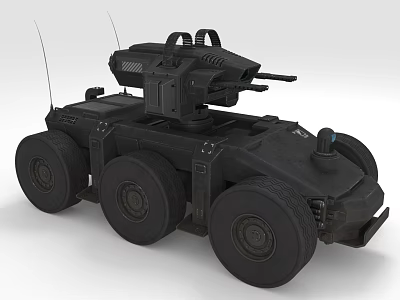 Black Military Unmanned Vehicle With Multi Wheeled Design And Weapon System Antennas 3d model