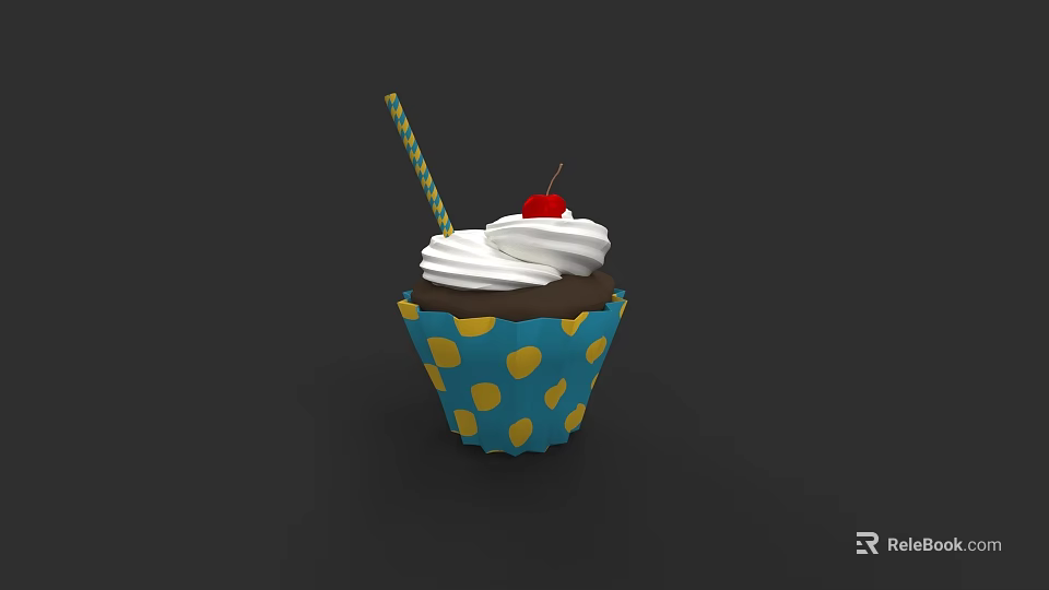 Delicious Cupcake With White Cream Cherry And Striped Straw In Blue Polka Dot Liner 3d model 