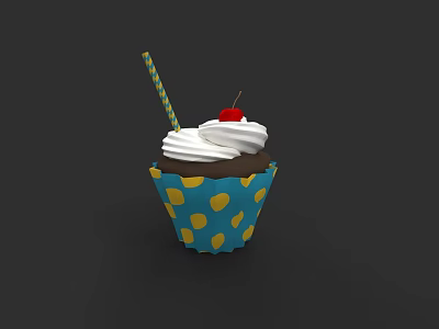 Delicious Cupcake With White Cream Cherry And Striped Straw In Blue Polka Dot Liner 3d model