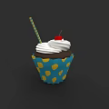 Delicious Cupcake With White Cream Cherry And Striped Straw In Blue Polka Dot Liner