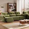 Green Modern Sofa And Wooden Coffee Table Set With Blinds Plant Bookshelf And Rug