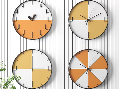Four Modern Wall Clocks With Geometric Orange Yellow White Sections Hanging On Striped Wall 3d model