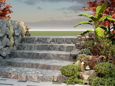 New Chinese Style Step Landscape Natural Slab Step Landscape Stone Elegance Difference Step Plant Group 3d model