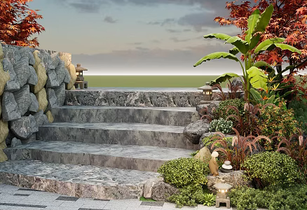 New Chinese Style Step Landscape Natural Slab Step Landscape Stone Elegance Difference Step Plant Group 3d model