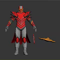 Red And Silver Warrior Armor With Detachable Yellow Cape And Decorative Details