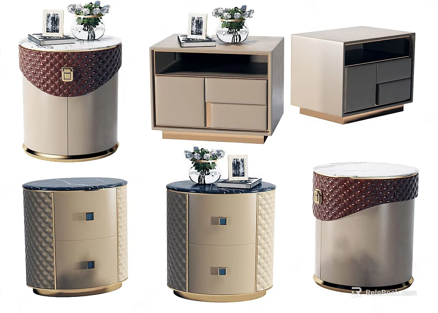 Elegant Modern Bedside Tables Design With Leather Trim Marble Tops And Drawers 3d model 