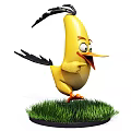 Yellow Chicken Doll Running on Green Grass with Big Eyes and Open Mouth