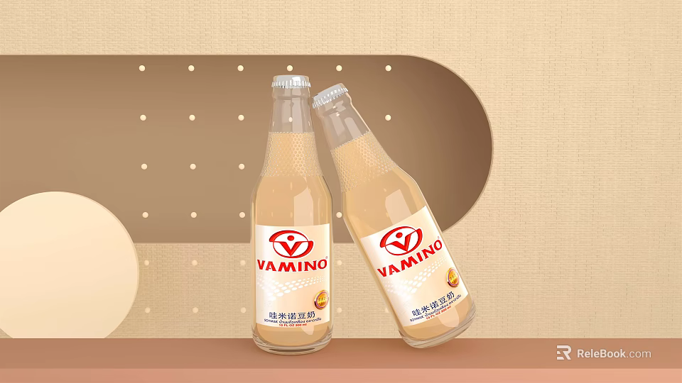 VAMINO Light Brown Soy Milk Drink in Two Glass Bottles with Labels 3d model 