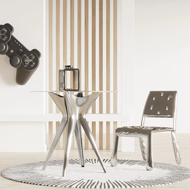 Sleek Modern Table and Chair Set with Glass Top and Metal Frame Design 3d model 