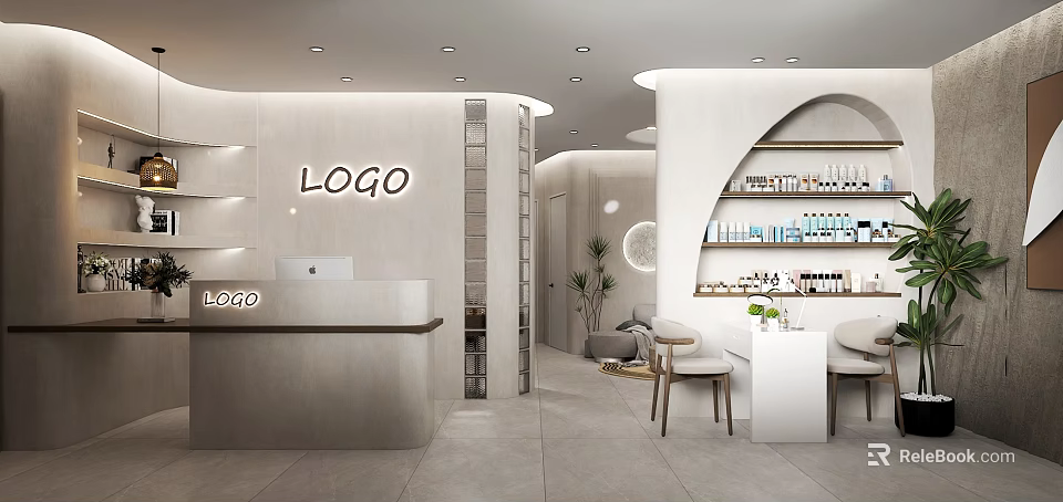 Modern Beauty Salon Interior With Reception Desk Product Shelves Chairs And Plants 3d model 
