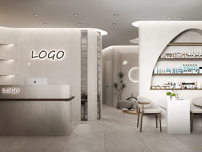 Modern Beauty Salon Interior With Reception Desk Product Shelves Chairs And Plants 3d model