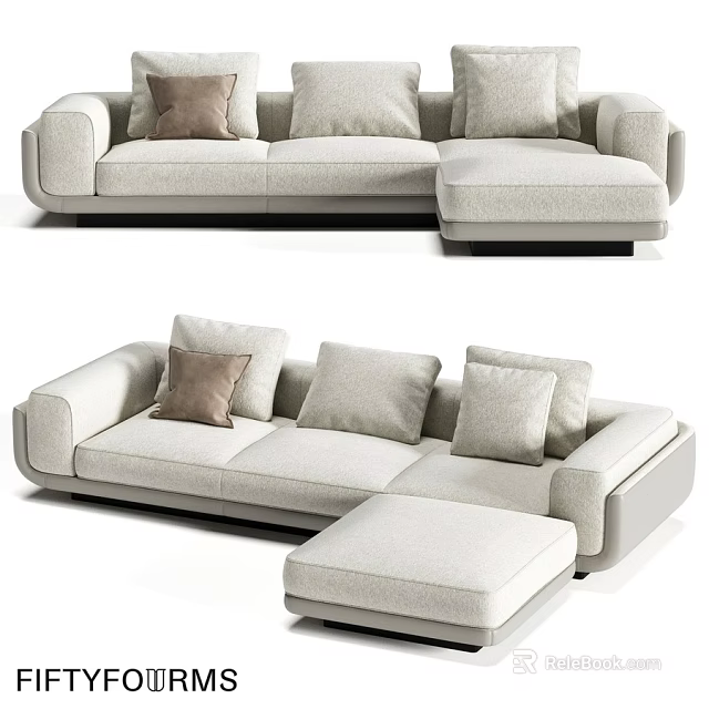 Modern Light Colored Two Seater Sofa With Multiple Cushions And Ottoman 3d model 