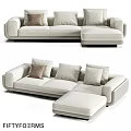 Modern Light Colored Two Seater Sofa With Multiple Cushions And Ottoman
