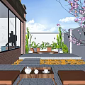 Beautiful Courtyard Garden With Brick Wall Large Windows Pink Flowering Tree And Stone Steps