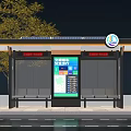 Bus Stop Billboard With Solar Panel Seats And Digital Display At Night