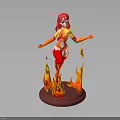 Pink Haired Female Character In Red Yellow Outfit With Flame Creature On Red Base
