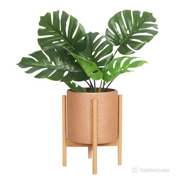 Monstera Potted Plant In Brown Textured Pot With Wooden Stand 3d model 