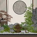 Rockery Stones Decorative Indoor Scene With Green Plants Small Lanterns And Circular Wall Design