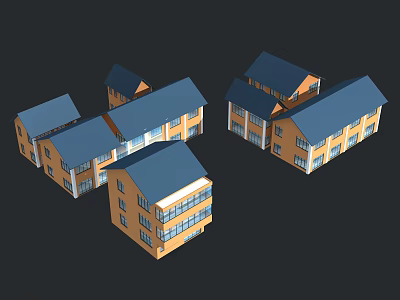 Exterior View Of Yellow Multi Story Buildings With Blue Roofs And Windows 3d model