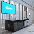 Modern Office Reception Area With Sleek Desk Large Digital Display And Soft Ambient Lighting