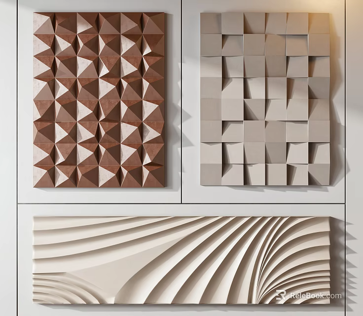 Modern Wall Decor With Brown Geometric Triangles 3D Cubes And Beige Wavy Patterns 3d model 