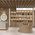 Elegant Shopping Mall Store Interior With Wooden Shelves Display Counters And Warm Lighting