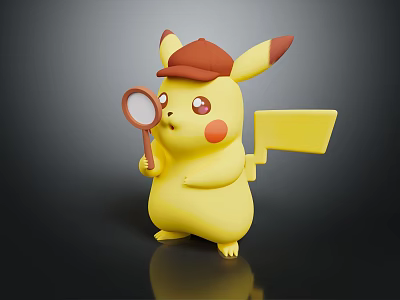 Cute Pikachu Figure Wearing Brown Hat Holding Magnifying Glass With Yellow Body And Tail 3d model