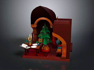 Christmas Themed Interior Design With Christmas Tree Table Candles Plates And Archway 3d model