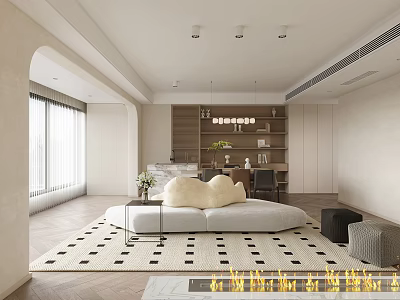 Modern Living and Dining Room Interior With Open Layout Sofa Rug and Wooden Shelves 3d model