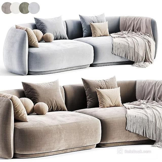 Modern Two Seater Sofa In Light Blue And Beige With Soft Pillows And Cozy Blanket 3d model 